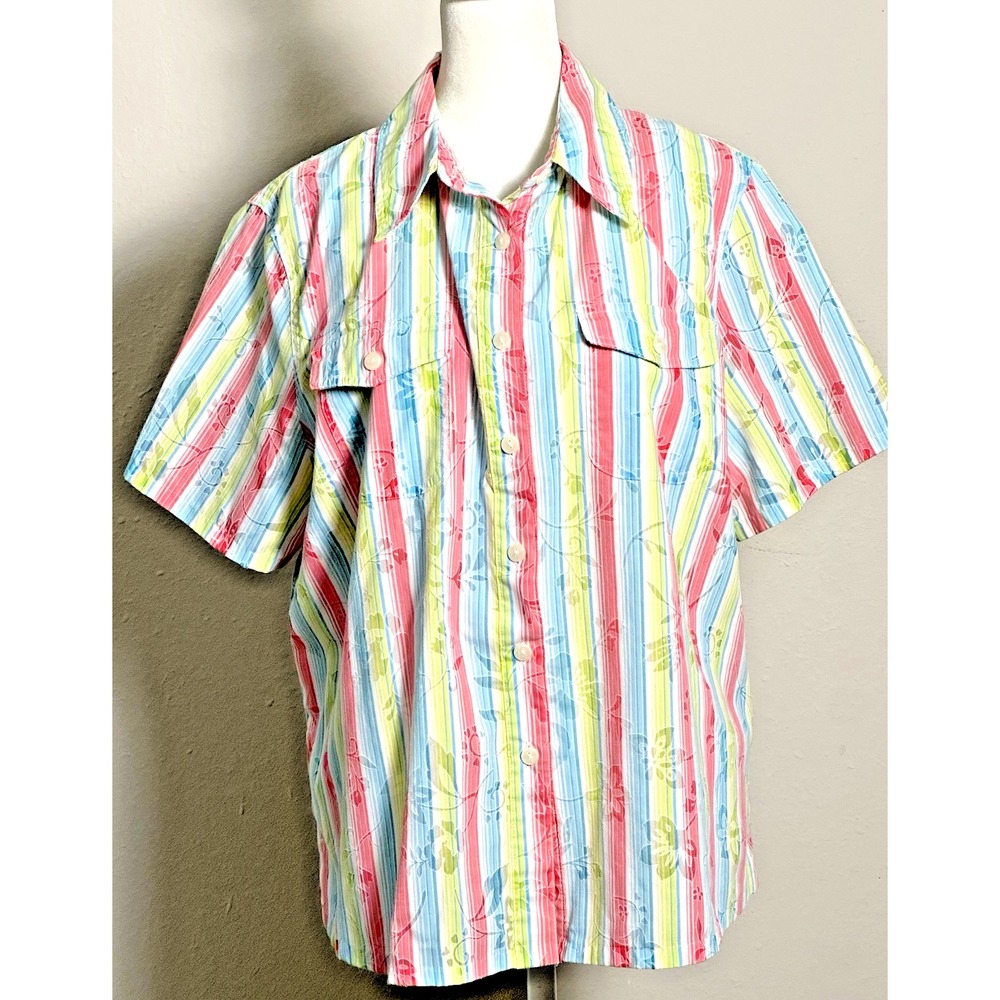 Alfred Dinner Women's Shortsleeve Blouse Pink Green Blue Button Down Blouse (14)